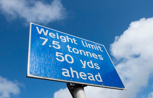 Typical UK road sign: the weight is given in metric units whilst the distance is in imperial. Are we European or aren't we? ©Neil Turner, April 2013